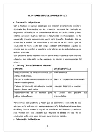 5
PLANTEAMIENTO DE LA PROBLEMÁTICA
a. Formulación del problema
Con la finalidad de aplicar estrategias que mejoren el rendimiento escolar y
siguiendo los lineamientos de los proyectos escolares he realizado un
diagnóstico para detectar los problemas que existen en los estudiantes y en su
entorno, aplicando diversas técnicas e instrumentos de investigación se ha
encontrado diversos inconvenientes como es la disgrafía, discalculía, falta de
motivación al realizar las actividades y también se ha encontrado que los
estudiantes la mayor parte del tiempo padecen enfermedades agudas las
mismas que no permiten al estudiante estar atentos en las actividades que se
realizan en el aula.
Este problema de las enfermedades es el que más se destaca en el ambiente
educativo, por esta razón se ha analizado las causas y consecuencias del
mismo:
b. Causas y Consecuencias del Problema
CAUSAS CONSECUENCIAS
Desconocimiento de remedios caseros con
plantas medicinales.
Niños enfermos.
Padres de familia con desconocimiento en el
cultivo de estas plantas.
Alumnos con poco interés de estudio
Falta de conocimiento para elaborar recetas
con las plantas medicinales
Niños con desanimo al estudiar.
Desconocimiento de las técnicas para
cultivar estas plantas.
No utilizan para prevenir sus
enfermedades.
Para eliminar este problema y hacer que los estudiantes sean parte de esta
solución, se ha motivado con una pequeña campaña de los beneficios que traen
el cultivo y de esta manera la mayoría de estudiantes se interesaron y motivaron
para trabajar con este proyecto que mejorara la calidad de vida de los
estudiantes tanto en su salud como en su rendimiento escolar.
c. Delimitación del Problema
 
