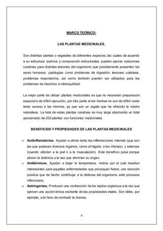 9
MARCO TEÓRICO:
LAS PLANTAS MEDICINALES.
Son distintas plantas o vegetales de diferentes especies, las cuales de acuerdo
a su estructura química y composición estructurales pueden ejercer soluciones
curativas para distintas lesiones del organismo que posiblemente presenten los
seres humanos, patologías como problemas de digestión, lesiones cutáneas,
problemas respiratorios, así como también pueden ser utilizados para los
problemas de insomnio e intranquilidad.
La mejor parte de utilizar plantas medicinales es que no necesitan preparación
especial o de difícil ejecución, por otra parte al ser hierbas no son de difícil costo
tener acceso a las mismas, ya que son un regalo que ha ofrecido la madre
naturaleza. La lista de estas plantas curativas es muy larga abarcando un total
aproximado de 203 plantas con funciones medicinales
BENEFICIOS Y PROPIEDADES DE LAS PLANTAS MEDICINALES
 Antiinflamatorias. Ayudan a aliviar tanto las inflamaciones internas (que son
las que padecen diversos órganos, como el hígado o los riñones), y externas
(cuando afectan a la piel o a la musculación). Este beneficio pasa porque
alivian la dolencia a la vez que eliminan su origen.
 Antitérmicas. Ayudan a bajar la temperatura, motivo por el cual resultan
interesantes para aquellas enfermedades que provoquen fiebre, una reacción
positiva que de hecho contribuye a la defensa del organismo ante procesos
infecciosos.
 Astringentes. Producen una contracción de los tejidos orgánicos a la vez que
ejercen una acción tónica excitante de las propiedades vitales. Son útiles, por
ejemplo, a la hora de combatir la diarrea.
 