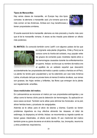 19
Tipos de Manzanillas
Hay varias clases de manzanilla, en Europa hay dos tipos
comunes: la alemana o manzanilla azul y l...