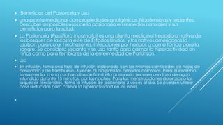  Beneficios del Pasionaria y uso 
 una planta medicinal con propiedades analgésicas, hipotensoras y sedantes. 
Descubre los posibles usos de la pasionaria en remedios naturales y sus 
beneficios para la salud. 
 La Pasionaria (Passiflora incarnata) es una planta medicinal trepadora nativa de 
los bosques de la costa este de Estados Unidos, y los nativos americanos la 
usaban para curar hinchazones, infecciones por hongos o como tónico para la 
sangre. Se considera sedante y se usa tanto para calmar la hiperactividad en 
niños como para temblores de la enfermedad de Parkinson. 
 Uso 
 En infusión, toma una taza de infusión elaborada con las mismas cantidades de hojas de 
pasionaria y de frambueso, 3 veces al día para los períodos dolorosos. Para el insomnio 
toma media o una cucharadita de flor d ella pasionaria seca en una taza de agua 
infundida durante 15 minutos, por las noches. Para las menstruaciones dolorosas o las 
jaquecas tensionales, toma la infusión de pasionaria 3 veces al día. Se pueden utilizar 
dosis reducidas para calmar la hiperactividad en los niños. 
 
 