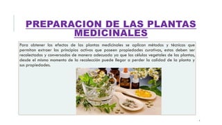 PREPARACION DE LAS PLANTAS
MEDICINALES
Para obtener los efectos de las plantas medicinales se aplican métodos y técnicas que
permitan extraer los principios activos que poseen propiedades curativas, estas deben ser
recolectados y conversados de manera adecuada ya que las células vegetales de las plantas,
desde el mismo momento de la recolección puede llegar a perder la calidad de la planta y
sus propiedades.
4
 