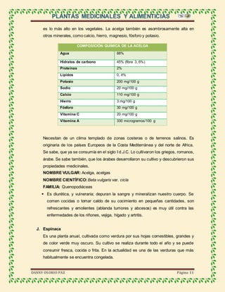 PLANTAS MEDICINALES Y ALIMENTICIAS
DANNY OSORIO PAZ Página 11
es lo más alto en los vegetales. La acelga también es asombrosamente alta en
otros minerales, como calcio, hierro, magnesio, fósforo y potasio.
COMPOSICIÓN QUÍMICA DE LA ACELGA
Agua 88%
Hidratos de carbono 45% (fibra 3, 6%)
Proteínas 2%
Lípidos 0, 4%
Potasio 200 mg/100 g
Sodio 20 mg/100 g
Calcio 110 mg/100 g
Hierro 3 mg/100 g
Fósforo 30 mg/100 g
Vitamina C 20 mg/100 g
Vitamina A 330 microgramos/100 g
Necesitan de un clima templado de zonas costeras o de terrenos salinos. Es
originaria de los países Europeos de la Costa Mediterránea y del norte de Africa.
Se sabe, que ya se consumía en el siglo I d.J.C. Lo cultivaron los griegos, romanos,
árabe. Se sabe también, que los árabes desarrollaron su cultivo y descubrieron sus
propiedades medicinales.
NOMBRE VULGAR: Acelga, acelgas
NOMBRE CIENTÍFICO: Beta vulgaris var. cicla
FAMILIA: Quenopodiáceas
 Es diurética, y vulneraria; depuran la sangre y mineralizan nuestro cuerpo. Se
comen cocidas o tomar caldo de su cocimiento en pequeñas cantidades, son
refrescantes y emolientes (ablanda tumores y abcesos) es muy útil contra las
enfermedades de los riñones, vejiga, hígado y artritis.
J. Espinaca
Es una planta anual, cultivada como verdura por sus hojas comestibles, grandes y
de color verde muy oscuro. Su cultivo se realiza durante todo el año y se puede
consumir fresca, cocida o frita. En la actualidad es una de las verduras que más
habitualmente se encuentra congelada.
 