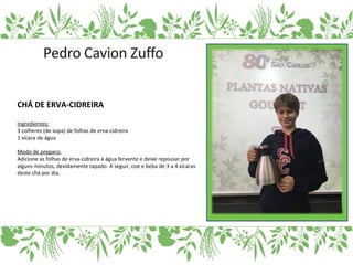 CHÁ DE ERVA-CIDREIRA
Ingredientes:
3 colheres (de sopa) de folhas de erva-cidreira
1 xícara de água
Modo de preparo:
Adicione as folhas de erva-cidreira à água fervente e deixe repousar por
alguns minutos, devidamente tapado. A seguir, coe e beba de 3 a 4 xícaras
deste chá por dia.
 