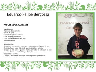 MOUSSE DE ERVA MATE
Ingredientes:
3 colheres de erva-mate
250 ml de água
1 pacote de gelatina de limão
1 lata de leite condensado
1 lata de creme de leite sem soro
Baunilha a gosto
Modo de fazer:
Colocar em uma panela a erva mate e a água, leve ao fogo até ferver.
Retire do fogo e coe o chá. Ainda quente, dissolva a gelatina
Coloque o chá com a gelatina no liquidificados e bata com o leite
condensado e o creme de leite por 5 minutos.
Acrescente a baunilha.
Coloque a mistura em uma tigela e leva a geladeira por 5 horas.
 