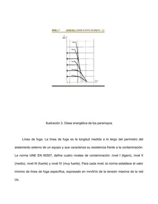 Ilustración 3. Clase energética de los pararrayos
Línea de fuga. La línea de fuga es la longitud medida a lo largo del perímetro del
aislamiento externo de un equipo y que caracteriza su resistencia frente a la contaminación.
La norma UNE EN 60507, define cuatro niveles de contaminación: nivel I (ligero), nivel II
(medio), nivel III (fuerte) y nivel IV (muy fuerte). Para cada nivel, la norma establece el valor
mínimo de línea de fuga específica, expresado en mm/kVs de la tensión máxima de la red
Us.
 