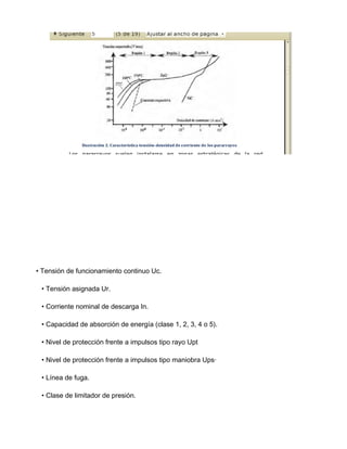 • Tensión de funcionamiento continuo Uc.
• Tensión asignada Ur.
• Corriente nominal de descarga In.
• Capacidad de absorción de energía (clase 1, 2, 3, 4 o 5).
• Nivel de protección frente a impulsos tipo rayo Upt
• Nivel de protección frente a impulsos tipo maniobra Ups·
• Línea de fuga.
• Clase de limitador de presión.
 