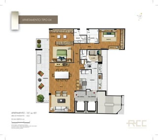ÁREA DE PAVIMENTO – 152m²
APARTAMENTO - 101 ao 401
A decoração é meramente ilustrativa.
Os revestimentos internos das unidades serão executados
conforme consta no Memorial Descritivo.
Cotas de parede acabada.
ESCALA GRÁFICA (m)
210 3
APARTAMENTO TIPO 04
 