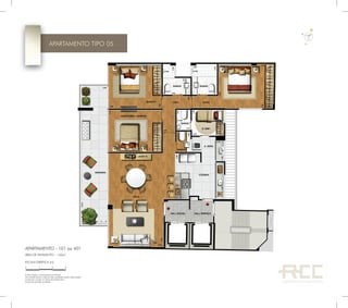 ÁREA DE PAVIMENTO – 152m²
APARTAMENTO - 101 ao 401
A decoração é meramente ilustrativa.
Os revestimentos internos das unidades serão executados
conforme consta no Memorial Descritivo.
Cotas de parede acabada.
ESCALA GRÁFICA (m)
210 3
APARTAMENTO TIPO 05
 