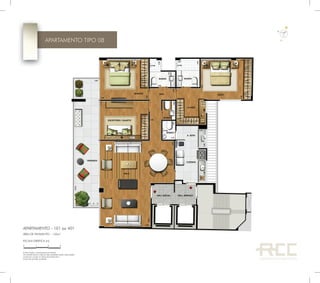 ÁREA DE PAVIMENTO – 152m²
APARTAMENTO - 101 ao 401
A decoração é meramente ilustrativa.
Os revestimentos internos das unidades serão executados
conforme consta no Memorial Descritivo.
Cotas de parede acabada.
ESCALA GRÁFICA (m)
210 3
APARTAMENTO TIPO 08
 