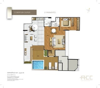 COBERTURA DUPLEX
DEPENDÊNCIA 501- opção 02
A decoração é meramente ilustrativa.
Os revestimentos internos das unidades serão executados
conforme consta no Memorial Descritivo.
Cotas de parede acabada.
ESCALA GRÁFICA (m)
210 3
2o
PAVIMENTO
 