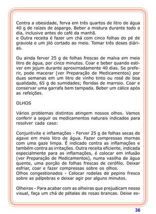 
Contra a obesidade, ferva em três quartos de litro de água
40 g de raízes de aspargo. Beber a mistura durante todo o
dia, inclusive antes do café da manhã.
e Outra receita é fazer um chá com cinco folhas do pé de
graviola e um jiló cortado ao meio. Tomar três doses diári-
as.
 
Ou ainda ferver 25 g de folhas frescas de malva em meio
litro de água, por cinco minutos. Coar e beber quando esti-
ver em jejum durante aproximadamente 40 dias. Se prefe-
rir, pode macerar (ver Preparação de Medicamentos) por
duas semanas em um litro de vinho tinto ou rosé de boa
qualidade, 65 g de sumidades; floridas de marroio. Coar e
conservar uma garrafa bem tampada. Beber um cálice após
as refeições.
 
OLHOS
 
Vários problemas distintos atingem nossos olhos. Vamos
conferir a seguir os medicamentos naturais indicados para
resolver cada caso:
 
Conjuntivite e inflamações - Ferver 25 g de folhas secas de
agave em meio litro de água. Fazer compressas mornas
com uma gaze limpa. É indicado contra as inflamações e
também contra as irritações. Outra receita eficiente, indicada
especialmente para as inflamações, é colocar em infusão
(ver Preparação de Medicamentos), numa vasilha de água
quente, uma porção de folhas frescas de cerófilo. Deixar
esfriar, coar e fazer compressas sobre os olhos.
Olhos congestionados - Colocar rodelas de pepino fresco
sobre as pálpebras e deixar agir por alguns minutos.
 
Olheiras - Para acabar com as olheiras que prejudicam nosso
visual, faça um chá de pétalas de rosas brancas. Deixe es-



                                                           36
 