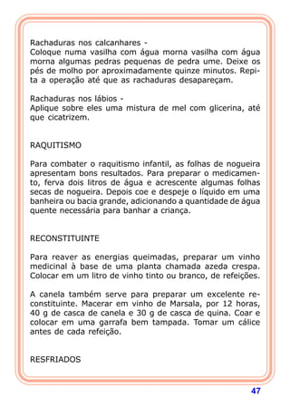  
Rachaduras nos calcanhares -
Coloque numa vasilha com água morna vasilha com água
morna algumas pedras pequenas de pedra ume. Deixe os
pés de molho por aproximadamente quinze minutos. Repi-
ta a operação até que as rachaduras desapareçam.
 
Rachaduras nos lábios -
Aplique sobre eles uma mistura de mel com glicerina, até
que cicatrizem.
 
 
RAQUITISMO
 
Para combater o raquitismo infantil, as folhas de nogueira
apresentam bons resultados. Para preparar o medicamen-
to, ferva dois litros de água e acrescente algumas folhas
secas de nogueira. Depois coe e despeje o líquido em uma
banheira ou bacia grande, adicionando a quantidade de água
quente necessária para banhar a criança.
 
 
RECONSTITUINTE
 
Para reaver as energias queimadas, preparar um vinho
medicinal à base de uma planta chamada azeda crespa.
Colocar em um litro de vinho tinto ou branco, de refeições.
 
A canela também serve para preparar um excelente re-
constituinte. Macerar em vinho de Marsala, por 12 horas,
40 g de casca de canela e 30 g de casca de quina. Coar e
colocar em uma garrafa bem tampada. Tomar um cálice
antes de cada refeição.
 
 
RESFRIADOS



                                                        47
 