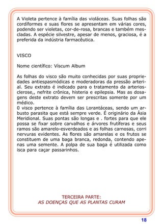 A Violeta pertence à família das violáceas. Suas folhas são 
cordíformes e suas flores se apresentam em várias cores, 
podendo ser violetas, cor-de-rosa, brancas e também mes-cladas. 
A espécie silvestre, apesar de menos, graciosa, é a 
18 
preferida da indústria farmacêutica. 
   
VISCO 
  
Nome científico: Víscum Album 
  
As folhas do visco são muito conhecidas por suas proprie-dades 
antiespasmódicas e moderadoras da pressão arteri-al. 
Seu extrato é indicado para o tratamento da arterios-clerose,, 
nefrite crônica, histeria e epilepsia. Mas as dosa-gens 
deste extrato devem ser prescritas somente por um 
médico. 
0 visco pertence à família das Lorantáceas, sendo um ar-busto 
parasita que está sempre verde. É originário da Ásia 
Meridional. Suas pontas são longas e . fortes para que ele 
possa se fixar sobre carvalhos e árvores frutíferas e seus 
ramos são amarelo-esverdeados e as folhas carnosas, corri 
nervuras evidentes. As flores são amarelas e os frutos se 
constituem de uma baga branca, redonda, contendo ape-nas 
uma semente. A polpa de sua baga é utilizada como 
isca para caçar passarinhos. 
    
  
  
   
  
TERCEIRA PARTE: 
AS DOENÇAS QUE AS PLANTAS CURAM 
 