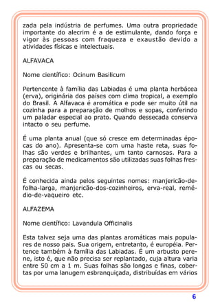 zada pela indústria de perfumes. Uma outra propriedade 
importante do alecrim é a de estimulante, dando força e 
vigor às pessoas com fraqueza e exaustão devido a 
atividades físicas e intelectuais. 
  
ALFAVACA 
  
Nome científico: Ocinum Basilicum 
  
Pertencente à família das Labiadas é uma planta herbácea 
(erva), originária dos países com clima tropical, a exemplo 
do Brasil. A Alfavaca é aromática e pode ser muito útil na 
cozinha para a preparação de molhos e sopas, conferindo 
um paladar especial ao prato. Quando dessecada conserva 
intacto o seu perfume. 
  
É uma planta anual (que só cresce em determinadas épo-cas 
do ano). Apresenta-se com uma haste reta, suas fo-lhas 
são verdes e brilhantes, um tanto carnosas. Para a 
preparação de medicamentos são utilizadas suas folhas fres-cas 
6 
ou secas. 
  
É conhecida ainda pelos seguintes nomes: manjericão-de-folha- 
larga, manjericão-dos-cozinheiros, erva-real, remé- 
dio-de-vaqueiro etc. 
  
ALFAZEMA 
  
Nome científico: Lavandula Officinalis 
  
Esta talvez seja uma das plantas aromáticas mais popula-res 
de nosso pais. Sua origem, entretanto, é européia. Per-tence 
também à família das Labiadas. É um arbusto pere-ne, 
isto é, que não precisa ser replantado, cuja altura varia 
entre 50 cm a 1 m. Suas folhas são longas e finas, cober-tas 
por uma lanugem esbranquiçada, distribuídas em vários 
 