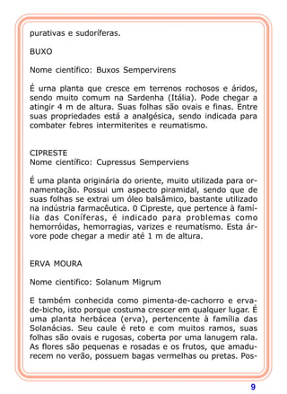 purativas e sudoríferas. 
  
BUXO 
  
Nome científico: Buxos Sempervirens 
  
É urna planta que cresce em terrenos rochosos e áridos, 
sendo muito comum na Sardenha (Itália). Pode chegar a 
atingir 4 m de altura. Suas folhas são ovais e finas. Entre 
suas propriedades está a analgésica, sendo indicada para 
combater febres intermiterites e reumatismo. 
9 
   
CIPRESTE 
Nome científico: Cupressus Semperviens 
  
É uma planta originária do oriente, muito utilizada para or-namenta 
ção. Possui um aspecto piramidal, sendo que de 
suas folhas se extrai um óleo balsâmico, bastante utilizado 
na indústria farmacêutica. 0 Cipreste, que pertence à famí- 
lia das Coníferas, é indicado para problemas como 
hemorróidas, hemorragias, varizes e reumatísmo. Esta ár-vore 
pode chegar a medir até 1 m de altura. 
   
ERVA MOURA 
  
Nome cientifico: Solanum Migrum 
  
E também conhecida como pimenta-de-cachorro e erva-de- 
bicho, isto porque costuma crescer em qualquer lugar. É 
uma planta herbácea (erva), pertencente à família das 
Solanácias. Seu caule é reto e com muitos ramos, suas 
folhas são ovais e rugosas, coberta por uma lanugem rala. 
As flores são pequenas e rosadas e os frutos, que amadu-recem 
no verão, possuem bagas vermelhas ou pretas. Pos- 
 