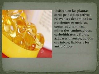 Existen en las plantas
otros principios activos
relevantes denominados
nutrientes esenciales,
como las vitaminas,
minerales, aminoácidos,
carbohidratos y fibras,
azúcares diversos, ácidos
orgánicos, lípidos y los
antibióticos.
 