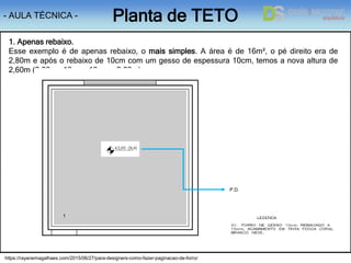 https://rayanemagalhaes.com/2015/06/27/para-designers-como-fazer-paginacao-de-forro/
- AULA TÉCNICA - Planta de TETO
1. Apenas rebaixo.
Esse exemplo é de apenas rebaixo, o mais simples. A área é de 16m², o pé direito era de
2,80m e após o rebaixo de 10cm com um gesso de espessura 10cm, temos a nova altura de
2,60m (2,80m – 10cm – 10cm = 2,60m).
1
P.D.
 