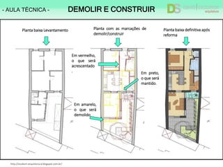 http://studiom-arquitectura.blogspot.com.br/
Planta com as marcações de
demolir/construir
Planta baixa definitiva após
reforma
Planta baixa Levantamento
Em vermelho,
o que será
acrescentado
.
Em amarelo,
o que será
demolido
Em preto,
o que será
mantido.
- AULA TÉCNICA - DEMOLIR E CONSTRUIR
 
