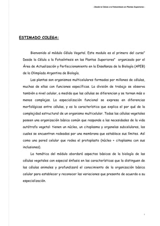 - Desde la Célula a la Fotosíntesis en Plantas Superiores -
1
ESTIMADO COLEGA:
Bienvenido al módulo Célula Vegetal. Este modulo es el primero del curso”
Desde la Célula a la Fotosíntesis en las Plantas Superiores” organizado por el
Área de Actualización y Perfeccionamiento en la Enseñanza de la Biología (APEB)
de la Olimpíada Argentina de Biología.
Las plantas son organismos multicelulares formados por millones de células,
muchas de ellas con funciones específicas. La división de trabajo se observa
también a nivel celular, a medida que las células se diferencian y se tornan más o
menos complejas. La especialización funcional se expresa en diferencias
morfológicas entre células, y es la característica que explica el por qué de la
complejidad estructural de un organismo multicelular. Todas las células vegetales
poseen una organización básica común que responde a las necesidades de la vida
autótrofa vegetal: tienen un núcleo, un citoplasma y organelas subcelulares, los
cuales se encuentran rodeados por una membrana que establece sus límites. Así
como una pared celular que rodea el protoplasto (núcleo + citoplasma con sus
inclusiones).
La temática del módulo abordará aspectos básicos de la biología de las
células vegetales con especial énfasis en las características que la distinguen de
las células animales y profundizará el conocimiento de la organización básica
celular para establecer y reconocer las variaciones que presente de acuerdo a su
especialización.
 