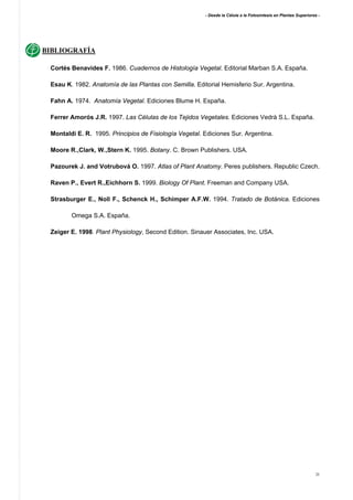 - Desde la Célula a la Fotosíntesis en Plantas Superiores -
21
BIBLIOGRAFÍA
Cortés Benavides F. 1986. Cuadernos de Histología Vegetal. Editorial Marban S.A. España.
Esau K. 1982. Anatomía de las Plantas con Semilla. Editorial Hemisferio Sur. Argentina.
Fahn A. 1974. Anatomía Vegetal. Ediciones Blume H. España.
Ferrer Amorós J.R. 1997. Las Células de los Tejidos Vegetales. Ediciones Vedrà S.L. España.
Montaldi E. R. 1995. Principios de Fisiología Vegetal. Ediciones Sur. Argentina.
Moore R.,Clark, W.,Stern K. 1995. Botany. C. Brown Publishers. USA.
Pazourek J. and Votrubová O. 1997. Atlas of Plant Anatomy. Peres publishers. Republic Czech.
Raven P., Evert R.,Eichhorn S. 1999. Biology Of Plant. Freeman and Company USA.
Strasburger E., Noll F., Schenck H., Schimper A.F.W. 1994. Tratado de Botánica. Ediciones
Omega S.A. España.
Zeiger E. 1998. Plant Physiology, Second Edition. Sinauer Associates, Inc. USA.
 
