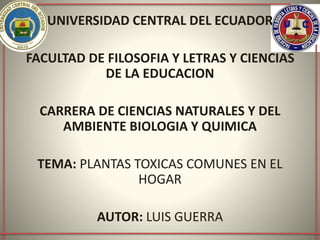 UNIVERSIDAD CENTRAL DEL ECUADOR
FACULTAD DE FILOSOFIA Y LETRAS Y CIENCIAS
DE LA EDUCACION
CARRERA DE CIENCIAS NATURALES Y DEL
AMBIENTE BIOLOGIA Y QUIMICA
TEMA: PLANTAS TOXICAS COMUNES EN EL
HOGAR
AUTOR: LUIS GUERRA
 