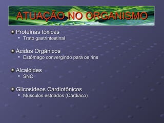 ATUAÇÃO NO ORGANISMO
Proteínas tóxicas


Trato gastrintestinal

Ácidos Orgânicos


Estômago convergindo para os rins

Alcalóides


SNC

Glicosídeos Cardiotônicos


Musculos estriados (Cardiaco)

 
