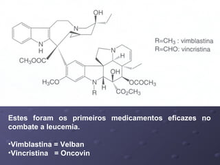 Estes foram os primeiros medicamentos eficazes no
combate a leucemia.
•Vimblastina = Velban
•Vincristina = Oncovin

 