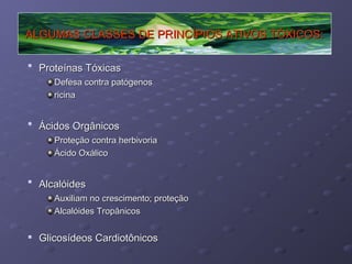 ALGUMAS CLASSES DE PRINCÍPIOS ATIVOS TÓXICOS:


Proteínas Tóxicas
Defesa contra patógenos
ricina



Ácidos Orgânicos
Proteção contra herbivoria
Ácido Oxálico



Alcalóides
Auxiliam no crescimento; proteção
Alcalóides Tropânicos



Glicosídeos Cardiotônicos

 