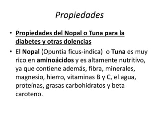 Propiedades
• Propiedades del Nopal o Tuna para la
diabetes y otras dolencias
• El Nopal (Opuntia ficus-indica) o Tuna es muy
rico en aminoácidos y es altamente nutritivo,
ya que contiene además, fibra, minerales,
magnesio, hierro, vitaminas B y C, el agua,
proteínas, grasas carbohidratos y beta
caroteno.
 
