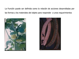 La Función puede ser definida como la relación de acciones desarrolladas por las formas y los materiales del objeto para responder  a unos requerimientos