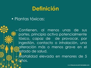 Definición 
• Plantas tóxicas: 
– Contienen, al menos unas de sus 
partes, principio activo potencialmente 
tóxico, capaz de de provocar, por 
ingestión, contacto o inhalación, una 
alteración más o menos grave en el 
estado de salud. 
– Mortalidad elevada en menores de 5 
años. 
 