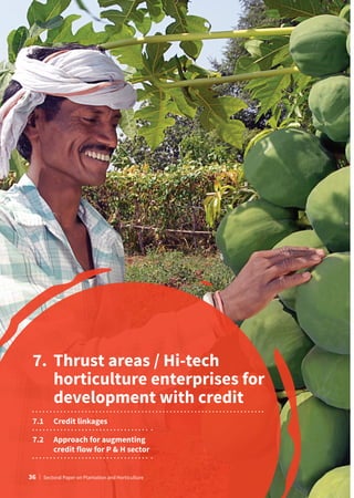 7.	
Thrust areas / Hi-tech
horticulture enterprises for
development with credit
7.1	 Credit linkages
7.2	
Approach for augmenting
credit flow for P  H sector
36 | Sectoral Paper on Plantation and Horticulture
 