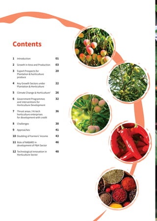 1	Introduction	 01
2	 Growth in Area and Production	 03
3	 Export Prospects for 	 20
Plantation & horticulture
produce
4	 Key Growth Sectors under 	 22
Plantation & Horticulture
5	 Climate Change & Horticulture2
	 26
6	 Government Programmes 	 32
and interventions for
Horticulture Development
7	 Thrust areas / Hi-tech 	 36
horticulture enterprises
for development with credit
8	Challenges	 38
9	Approaches	 41
10	 Doubling of Farmers’ Income	 43
11	 Role of NABARD in 	 46
development of P&H Sector
12	 Technological Innovation in 	 48
Horticulture Sector
Contents
 