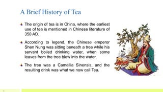 A Brief History of Tea
3
The origin of tea is in China, where the earliest
use of tea is mentioned in Chinese literature of
350 AD.
According to legend, the Chinese emperor
Shen Nung was sitting beneath a tree while his
servant boiled drinking water, when some
leaves from the tree blew into the water.
The tree was a Camellia Sinensis, and the
resulting drink was what we now call Tea.
 