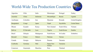 World-Wide Tea Production Countries
9
Argentina Chile India Montenegro Portugal Turkey
Australia China Indonesia Mozambique Russia Uganda
Azerbaijan Colombia Iran Myanmar Rwanda United Kingdom
Bangladesh Congo Japan Nepal Seychelles United States
Bhutan Ecuador Kenya New Zealand South Africa Vietnam
Bolivia El Salvador Laos Nigeria South Korea Zambia
Brazil Ethiopia Madagascar North Korea Sri Lanka Zimbabwe
Burundi France Malawi Pakistan Taiwan
Canada Georgia Malaysia Panama Tanzania
Cambodia Germany Mali Papua New
Guinea
Tasmania
Cameroon Guatemala Mauritius Peru Thailand
 
