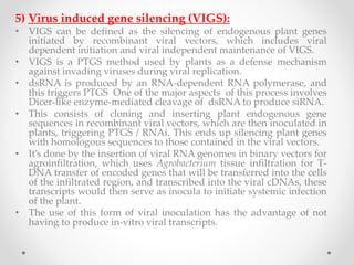 5) Virus induced gene silencing (VIGS):
• VIGS can be defined as the silencing of endogenous plant genes
initiated by recombinant viral vectors, which includes viral
dependent initiation and viral independent maintenance of VIGS.
• VIGS is a PTGS method used by plants as a defense mechanism
against invading viruses during viral replication.
• dsRNA is produced by an RNA-dependent RNA polymerase, and
this triggers PTGS One of the major aspects of this process involves
Dicer-like enzyme-mediated cleavage of dsRNA to produce siRNA.
• This consists of cloning and inserting plant endogenous gene
sequences in recombinant viral vectors, which are then inoculated in
plants, triggering PTGS / RNAi. This ends up silencing plant genes
with homologous sequences to those contained in the viral vectors.
• It’s done by the insertion of viral RNA genomes in binary vectors for
agroinfiltration, which uses Agrobacterium tissue infiltration for T-
DNA transfer of encoded genes that will be transferred into the cells
of the infiltrated region, and transcribed into the viral cDNAs, these
transcripts would then serve as inocula to initiate systemic infection
of the plant.
• The use of this form of viral inoculation has the advantage of not
having to produce in-vitro viral transcripts.
 