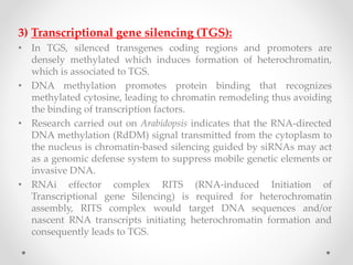 3) Transcriptional gene silencing (TGS):
• In TGS, silenced transgenes coding regions and promoters are
densely methylated which induces formation of heterochromatin,
which is associated to TGS.
• DNA methylation promotes protein binding that recognizes
methylated cytosine, leading to chromatin remodeling thus avoiding
the binding of transcription factors.
• Research carried out on Arabidopsis indicates that the RNA-directed
DNA methylation (RdDM) signal transmitted from the cytoplasm to
the nucleus is chromatin-based silencing guided by siRNAs may act
as a genomic defense system to suppress mobile genetic elements or
invasive DNA.
• RNAi effector complex RITS (RNA-induced Initiation of
Transcriptional gene Silencing) is required for heterochromatin
assembly, RITS complex would target DNA sequences and/or
nascent RNA transcripts initiating heterochromatin formation and
consequently leads to TGS.
 