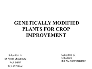 GENETICALLY MODIFIED
PLANTS FOR CROP
IMPROVEMENT
Submitted to
Dr. Ashok Chaudhury
Prof. DBNT
GJU S&T Hisar
Submitted by
Usha Rani
Roll No. 180090280002
 