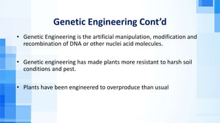 Genetic Engineering Cont’d
• Genetic Engineering is the artificial manipulation, modification and
recombination of DNA or other nuclei acid molecules.
• Genetic engineering has made plants more resistant to harsh soil
conditions and pest.
• Plants have been engineered to overproduce than usual
 