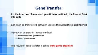Gene Transfer:
• It’s the insertion of unrelated genetic information in the form of DNA
into cells
• Gene can be transferred between species through genetic engineering
• Genes can be transfer in two methods;
→ Vector mediated gene transfer
→ Direct gene transfer
• The result of gene transfer is called trans-genic organism
 