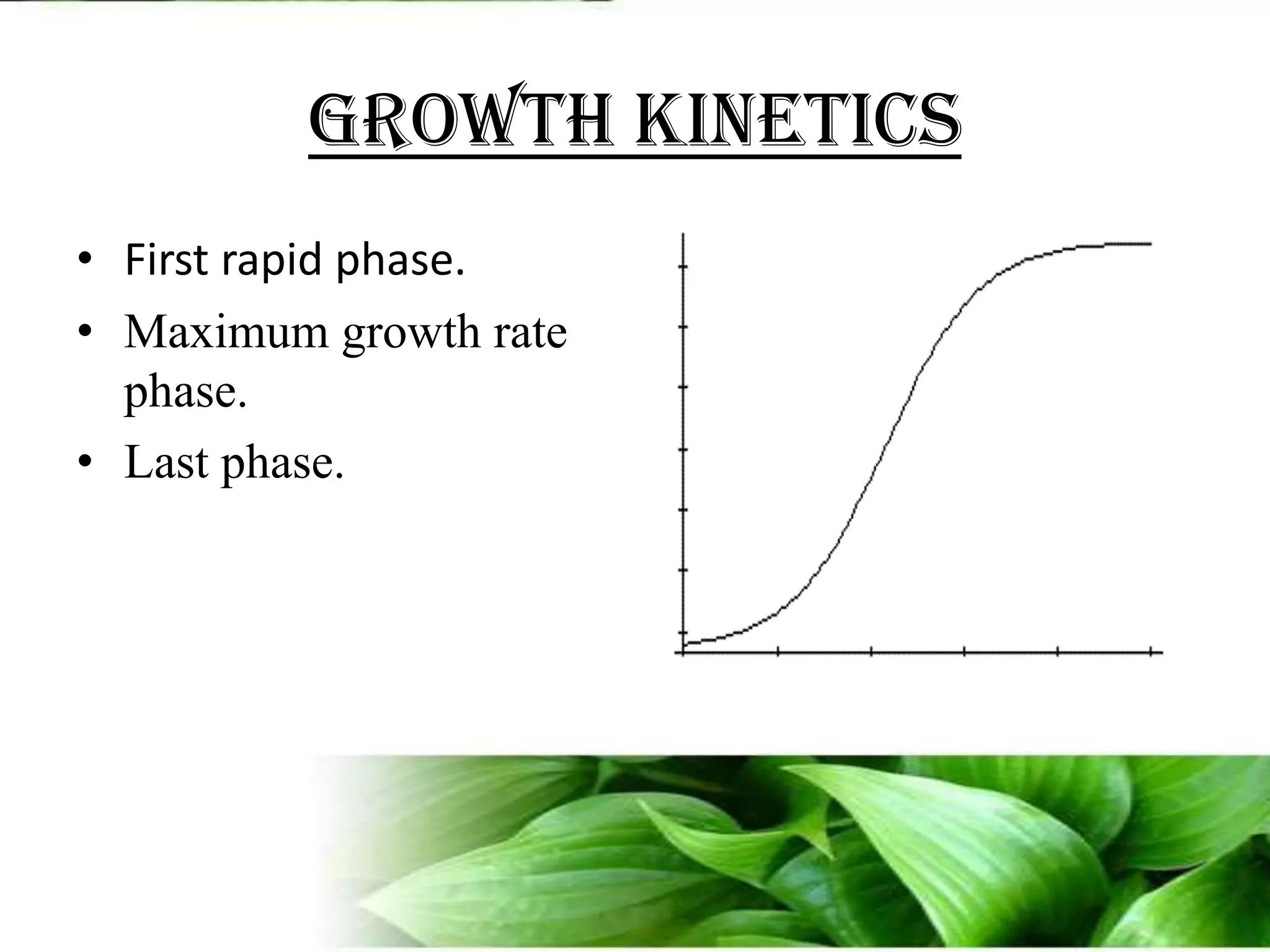 Growth kineticsFirst rapid phase.Maximum growth rate phase.Last phase.