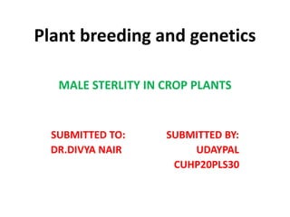 Plant breeding and genetics
MALE STERLITY IN CROP PLANTS
SUBMITTED TO: SUBMITTED BY:
DR.DIVYA NAIR UDAYPAL
CUHP20PLS30
 