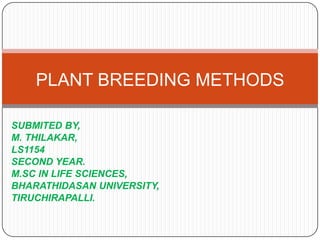 PLANT BREEDING METHODS

SUBMITED BY,
M. THILAKAR,
LS1154
SECOND YEAR.
M.SC IN LIFE SCIENCES,
BHARATHIDASAN UNIVERSITY,
TIRUCHIRAPALLI.
 