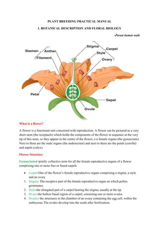 PLANT BREEDING PRACTICAL MANUAL
1. BOTANICAL DESCRIPTION AND FLORAL BIOLOGY
-Pavan kumar naik
What is a flower?
A flower is a functional unit concerned with reproduction. A flower can be pictured as a very
short stem (the receptacle) which holds the components of the flower in sequence at the very
tip of this stem, so they appear in the centre of the flower, c/a female organs (the gynoecium).
Next to them are the male organs (the androecium) and next to them are the petals (corolla)
and sepals (calyx).
Flower Structure
Gynoecium-(=pistil)- collective term for all the female reproductive organs of a flower
comprising one or more free or fused carpels
 Carpel-One of the flower’s female reproductive organs comprising a stigma, a style
and an ovary
1. Stigma- The receptive part of the female reproductive organ on which pollen
germinates.
2. Style-the elongated part of a carpel bearing the stigma, usually at the tip.
3. Ovary-the hollow basal region of a carpel, consisting one or more ovules.
4. Ovules- the structures in the chamber of an ovary containing the egg cell, within the
embryosac.The ovules develop into the seeds after fertilization.
 