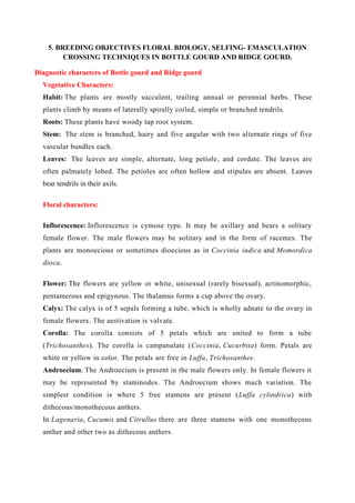 5. BREEDING OBJECTIVES FLORAL BIOLOGY, SELFING- EMASCULATION
CROSSING TECHNIQUES IN BOTTLE GOURD AND RIDGE GOURD.
Diagnostic characters of Bottle gourd and Ridge gourd
Vegetative Characters:
Habit: The plants are mostly succulent, trailing annual or perennial herbs. These
plants climb by means of laterally spirally coiled, simple or branched tendrils.
Roots: These plants have woody tap root system.
Stem: The stem is branched, hairy and five angular with two alternate rings of five
vascular bundles each.
Leaves: The leaves are simple, alternate, long petiole, and cordate. The leaves are
often palmately lobed. The petioles are often hollow and stipules are absent. Leaves
bear tendrils in their axils.
Floral characters:
Inflorescence: Inflorescence is cymose type. It may be axillary and bears a solitary
female flower. The male flowers may be solitary and in the form of racemes. The
plants are monoecious or sometimes dioecious as in Coccinia indica and Momordica
dioca.
Flower: The flowers are yellow or white, unisexual (rarely bisexual), actinomorphic,
pentamerous and epigynous. The thalamus forms a cup above the ovary.
Calyx: The calyx is of 5 sepals forming a tube, which is wholly adnate to the ovary in
female flowers. The aestivation is valvate.
Corolla: The corolla consists of 5 petals which are united to form a tube
(Trichosanthes). The corolla is campanulate (Coccinia, Cucurbita) form. Petals are
white or yellow in color. The petals are free in Luffa, Trichosanthes.
Androecium: The Androecium is present in the male flowers only. In female flowers it
may be represented by staminodes. The Androecium shows much variation. The
simplest condition is where 5 free stamens are present (Luffa cylindrica) with
dithecous/monothecous anthers.
In Lagenaria, Cucumis and Citrullus there are three stamens with one monothecous
anther and other two as dithecous anthers.
 