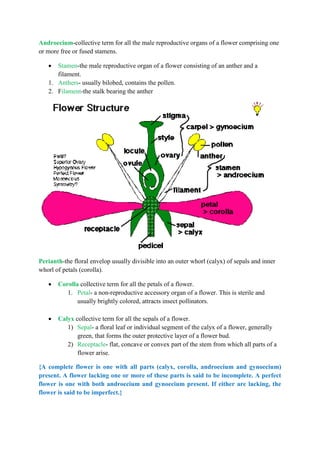 Androecium-collective term for all the male reproductive organs of a flower comprising one
or more free or fused stamens.
 Stamen-the male reproductive organ of a flower consisting of an anther and a
filament.
1. Anthers- usually bilobed, contains the pollen.
2. Filament-the stalk bearing the anther
Perianth-the floral envelop usually divisible into an outer whorl (calyx) of sepals and inner
whorl of petals (corolla).
 Corolla collective term for all the petals of a flower.
1. Petal- a non-reproductive accessory organ of a flower. This is sterile and
usually brightly colored, attracts insect pollinators.
 Calyx collective term for all the sepals of a flower.
1) Sepal- a floral leaf or individual segment of the calyx of a flower, generally
green, that forms the outer protective layer of a flower bud.
2) Receptacle- flat, concave or convex part of the stem from which all parts of a
flower arise.
{A complete flower is one with all parts (calyx, corolla, androecium and gynoecium)
present. A flower lacking one or more of these parts is said to be incomplete. A perfect
flower is one with both androecium and gynoecium present. If either are lacking, the
flower is said to be imperfect.}
 
