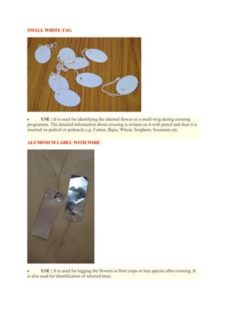SMALL WHITE TAG
 USE : It is used for identifying the internal flower or a small twig during crossing
programme. The detailed information about crossing is written on it with pencil and then it is
inserted on pedicel or peduncle e.g. Cotton, Bajra, Wheat, Sorghum, Sesamum etc.
ALUMINIUM LABEL WITH WIRE
 USE : It is used for tagging the flowers in fruit crops or tree species after crossing. It
is also used for identification of selected trees.
 
