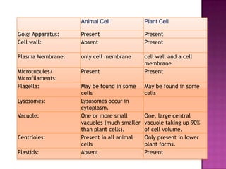 Animal Cell              Plant Cell

Golgi Apparatus:   Present                  Present
Cell wall:         Absent                   Present

Plasma Membrane:   only cell membrane       cell wall and a cell
                                            membrane
Microtubules/      Present                  Present
Microfilaments:
Flagella:          May be found in some     May be found in some
                   cells                    cells
Lysosomes:         Lysosomes occur in
                   cytoplasm.
Vacuole:           One or more small        One, large central
                   vacuoles (much smaller   vacuole taking up 90%
                   than plant cells).       of cell volume.
Centrioles:        Present in all animal    Only present in lower
                   cells                    plant forms.
Plastids:          Absent                   Present
 