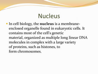 Nucleus
 In cell biology, the nucleus is a membrane-
  enclosed organelle found in eukaryotic cells. It
  contains most of the cell's genetic
  material, organized as multiple long linear DNA
 molecules in complex with a large variety
 of proteins, such as histones, to
 form chromosomes.
 