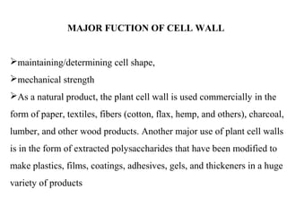 MAJOR FUCTION OF CELL WALL
maintaining/determining cell shape,
mechanical strength
As a natural product, the plant cell wall is used commercially in the
form of paper, textiles, fibers (cotton, flax, hemp, and others), charcoal,
lumber, and other wood products. Another major use of plant cell walls
is in the form of extracted polysaccharides that have been modified to
make plastics, films, coatings, adhesives, gels, and thickeners in a huge
variety of products
 